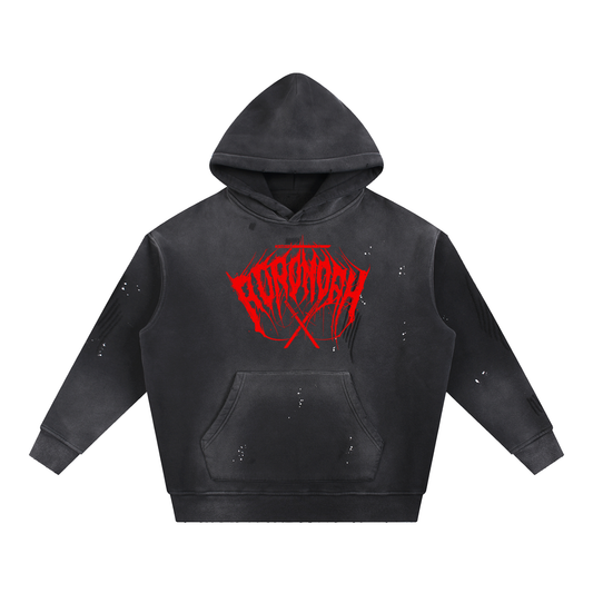 Red Logo Frayed Fleece Hoodie