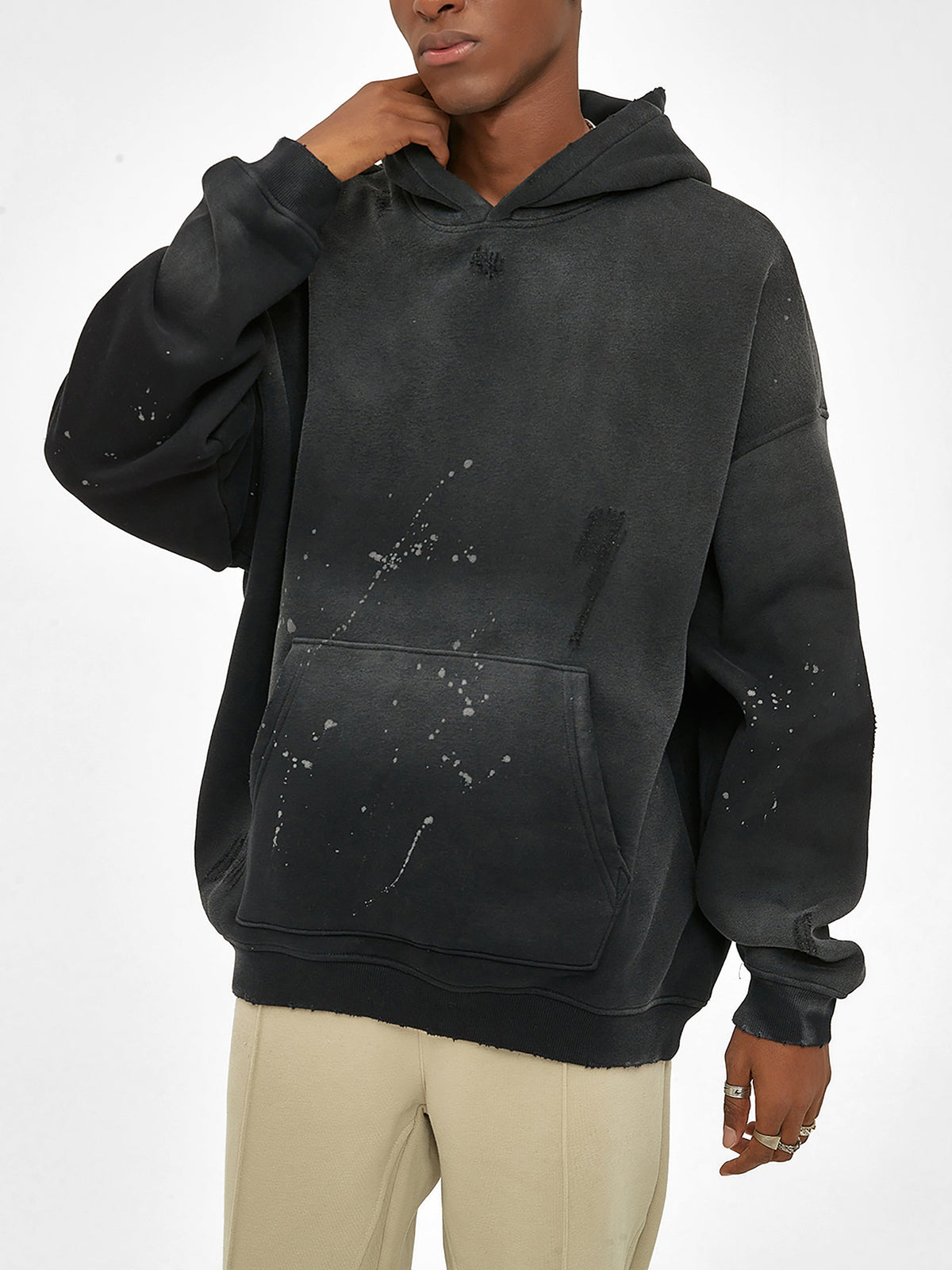 White Logo Frayed Fleece Hoodie